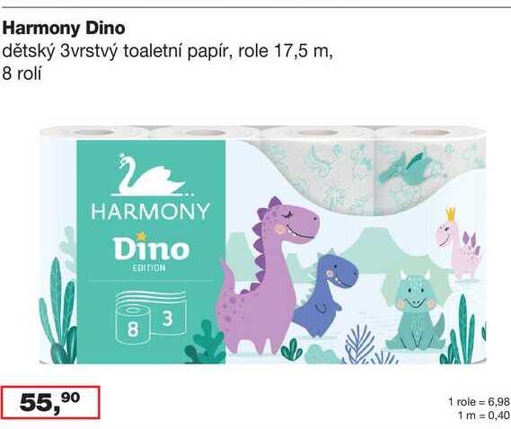 Harmony Dino dětský 3vrstvý toaletní papír, role 17,5 m, 8 rolí 