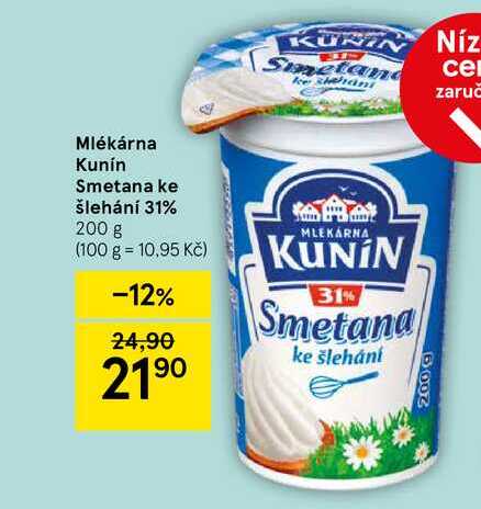 Mlékárna Kunín Smetana ke šlehání 31%, 200 g 