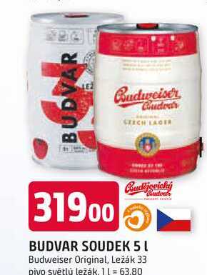 Budweiser Budvar Světlý ležák pivo sud 5l v akci