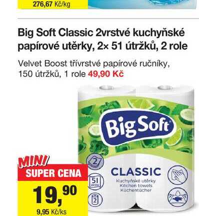 Big Soft Classic 2vrstvé kuchyňské papírové utěrky, 2x 51 útržků, 2 role 