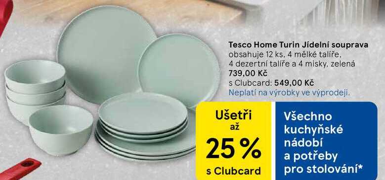 Tesco Home Turin Jídelní souprava obsahuje, 12 ks, 4 mělké talíře. 4 dezertní talíře a 4 misky, zelená
