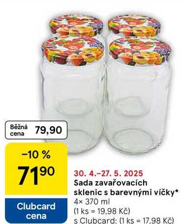 Sada zavařovacích sklenic s barevnými víčky, 4x 370 ml