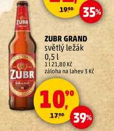 ZUBR GRAND světlý ležák, 0,5 l  v akci