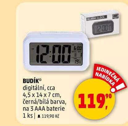 BUDÍK digitální, cca 4,5 x 14 x 7 cm, černá/bílá barva, na 3 AAA baterie, 1 ks  