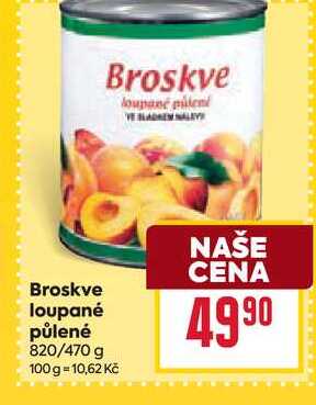Broskve loupané půlené 820/470 g