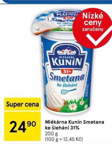 Mlékárna Kunín Smetana ke šlehání 31%, 200 g 