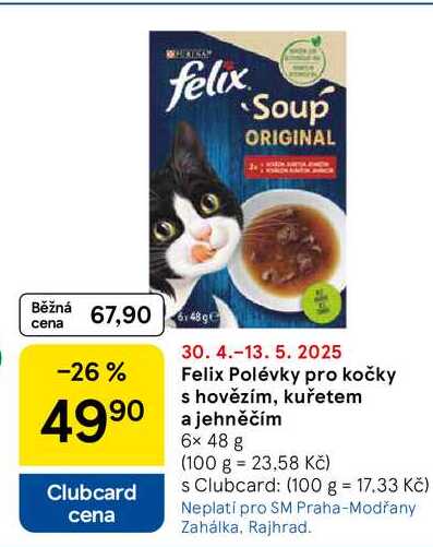 Felix Polévky pro kočky s hovězím, kuřetem a jehněčím, 6x 48 g 