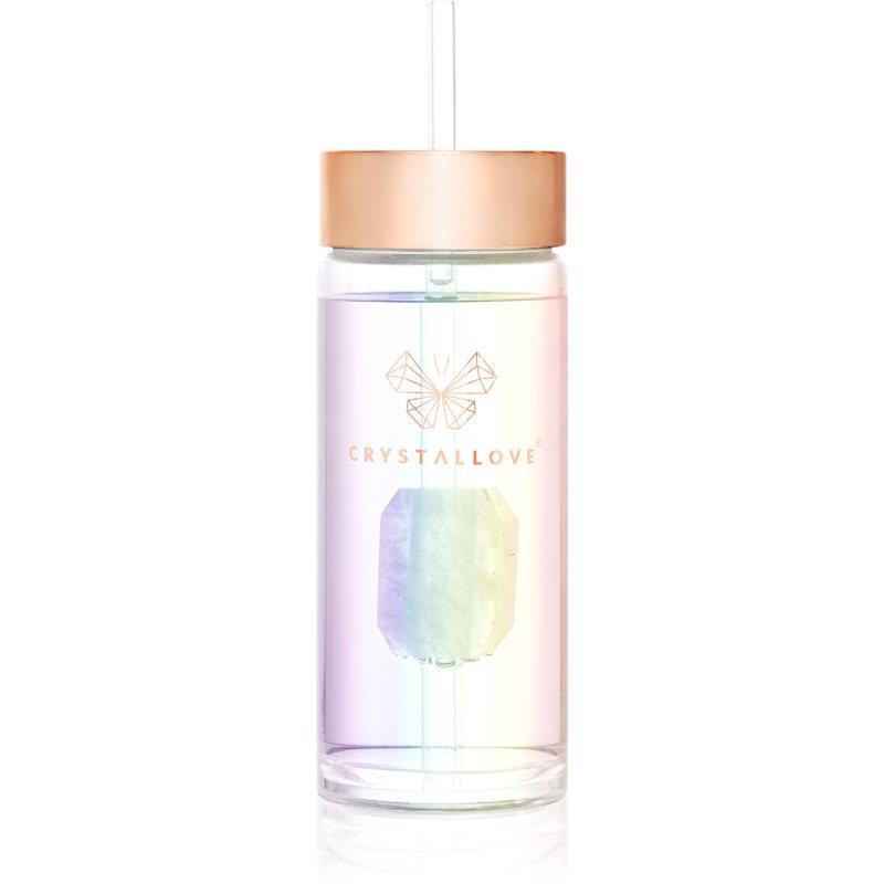 Crystallove Straw Water Bottle skleněná láhev na vodu s brčkem Hologram - Clear Quartz 400 ml