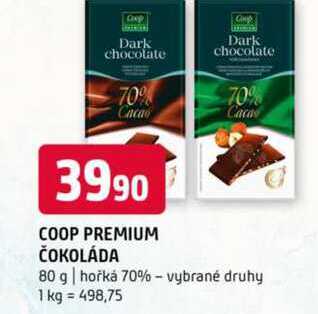 Coop premium čokoláda 80 g hořká 70% vybrané druhy 