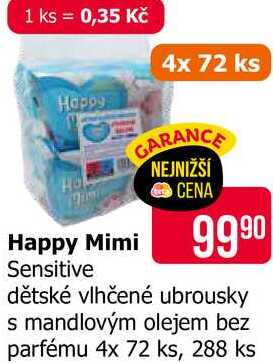 Happy Mimi Sensitive dětské vlhčené ubrousky s mandlovým olejem bez parfému 4x 72 ks