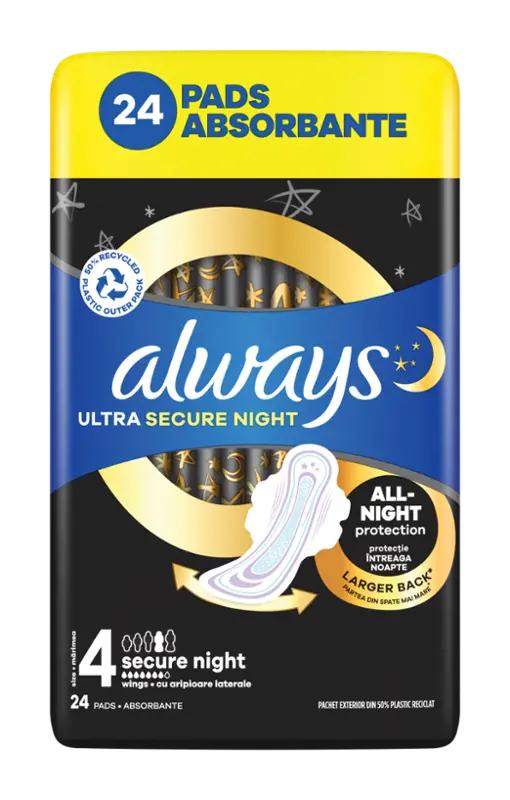 Always Hygienické vložky s křidélky Ultra Secure Night vel. 4, 24 ks