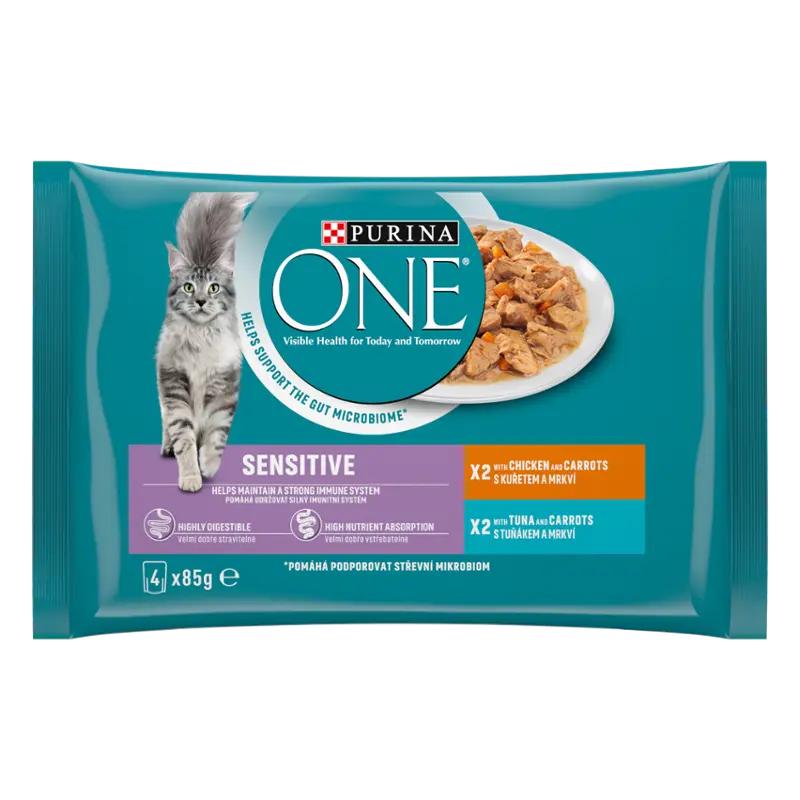 PURINA ONE Mini filetky s kuřetem/tuňákem a mrkví ve šťávě 4x 85 g, 340 g
