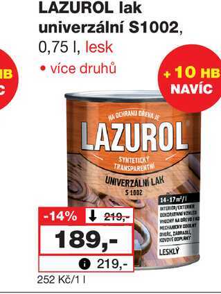 LAZUROL lak univerzální S1002, 0,75 I, lesk