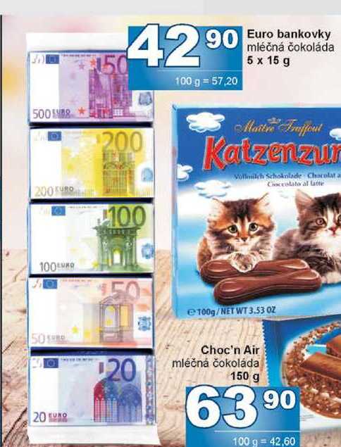 Euro bankovky mléčná čokoláda 5 x 15 g