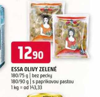 Essa olivy zelené 180/75 g bez pecky 180/90 g s paprikovou pastou 