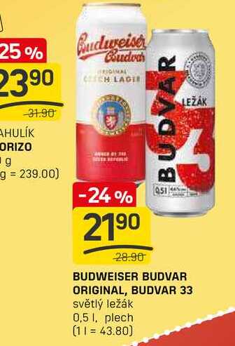 BUDVAR 33 světlý ležák 0,5l, plech
