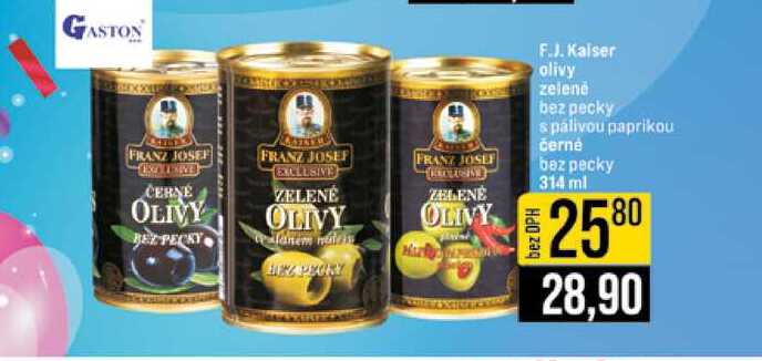 F.J. Kaiser olivy zelené bez pecky spalivou paprikou černé bez pecky 314 ml 