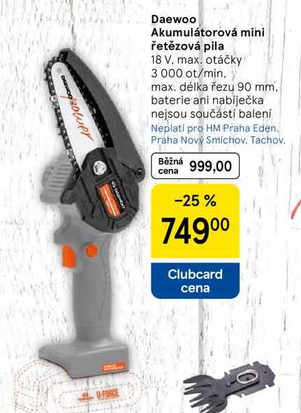 Daewoo Akumulátorová mini řetězová pila, 18 V, max. otáčky 3 000 ot/min. max. délka řezu 90 mm.   