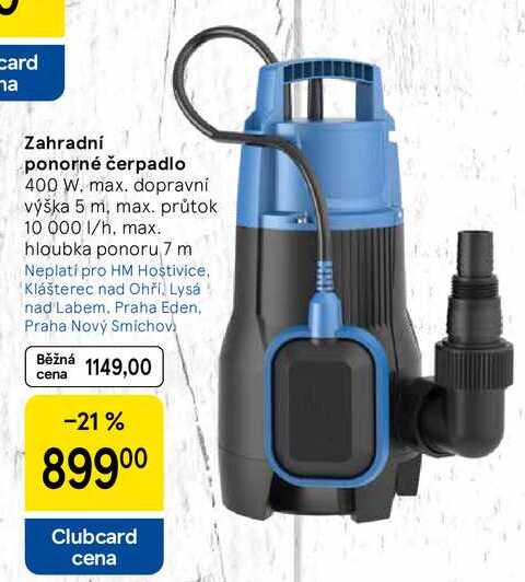 Zahradní ponorné čerpadlo, 400 W. max. dopravní výška 5 m, max. průtok 10 000 1/h, max. hloubka ponoru 7 m  