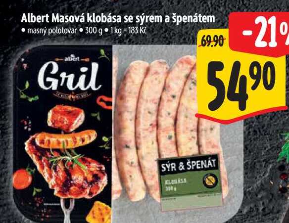 Albert Masová klobása se sýrem a špenátem, 300 g
