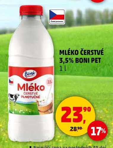 ČERSTVÉ PLNOTUČNÉ MLÉKO 3,5% BONI PET, 1 l 