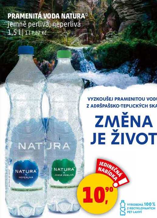 PRAMENITÁ VODA NATURA jemně perlivá, neperlivá, 1,5 l