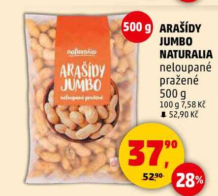 ARAŠÍDY JUMBO NATURALIA neloupané pražené, 500 g 