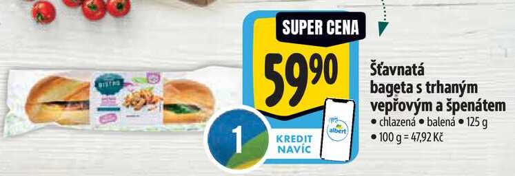 Šťavnatá bageta s trhaným vepřovým a špenátem, 125 g