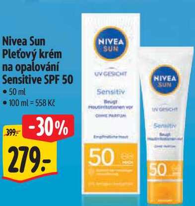 Nivea Sun Pleťový krém na opalování Sensitive SPF 50, 50 ml 