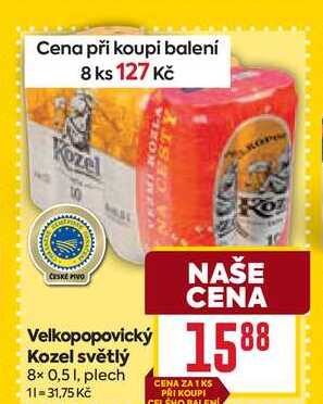 Velkopopovický Kozel světlý 8× 0,5 1, plech 