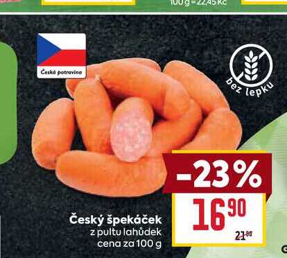 Český špekáček z pultu lahůdek cena za 100 g 