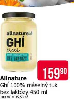 Allnature Ghí 100% máselný tuk bez laktózy 450 ml 