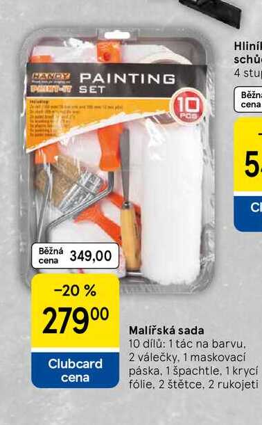 Malířská sada 10 dílů: 1 tác na barvu. 2 válečky, 1 maskovací páska, 1 špachtle, 1 krycí fólie. 2 štětce. 2 rukojeti 