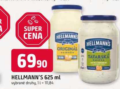 Hellmann's majonéza, tatarská omáčka 625ml, vybrané druhy 
