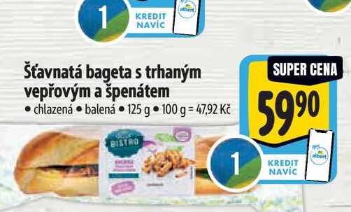  Šťavnatá bageta s trhaným vepřovým a špenátem  125 g