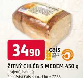 ŽITNÝ CHLÉB S MEDEM 450 g krájený, balený 