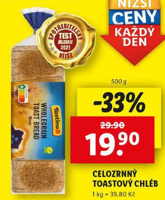 CELOZRNNÝ TOASTOVÝ CHLÉB, 500 g