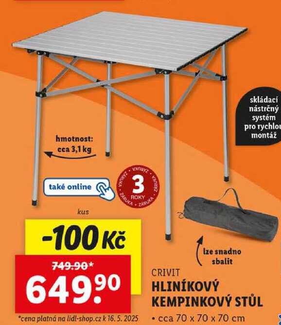 HLINÍKOVÝ KEMPINKOVÝ STŮL 