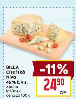 BILLA Císařská Niva 45% t. vs. z pultu lahůdek cena za 100 g 