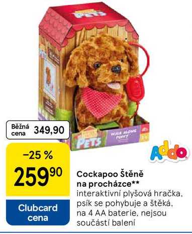 Cockapoo štěně na procházce, interaktivní plyšová hračka. psík se pohybuje a štěká, na 4 AA baterie, nejsou součástí balení 