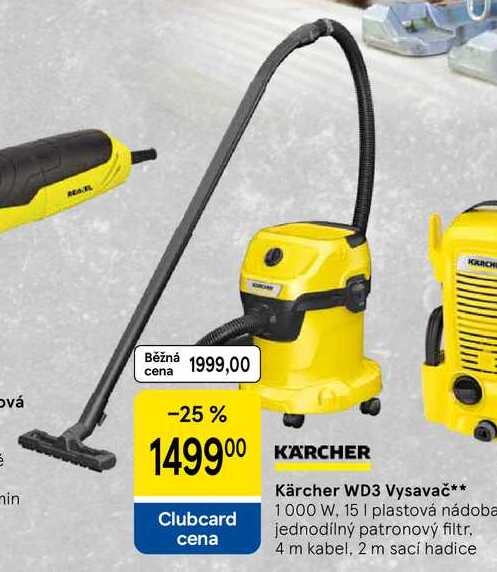 Kärcher WD3 Vysavač, 1000 W, 15 I plastová nádoba jednodílný patronový filtr. 4 m kabel, 2 m sací hadice 