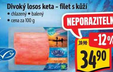 Divoký losos keta - filet s kůží, cena za 100 g 