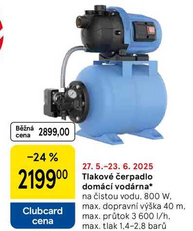 Tlakové čerpadlo domácí vodárna, na čistou vodu, 800 W, max. dopravní výška 40 m. max. průtok 3 600 l/h. max. tlak 1,4-2.8 barů 