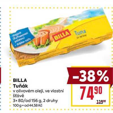 BILLA Tuňák v olivovém oleji, ve vlastní šťávě 3x 80/od 156 g