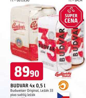Budweiser Budvar B:Original Pivo světlý ležák 4 x 0,5l