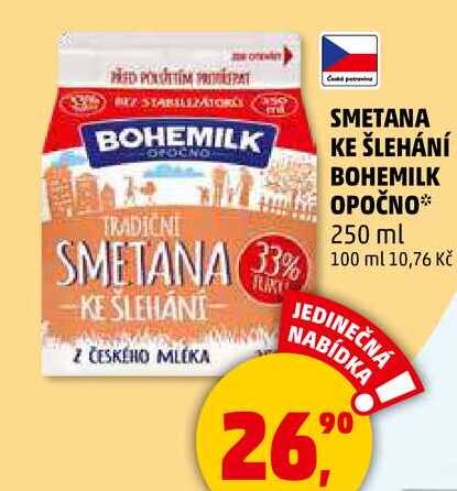 SMETANA KE ŠLEHÁNÍ BOHEMILK OPOČNO, 250 ml  