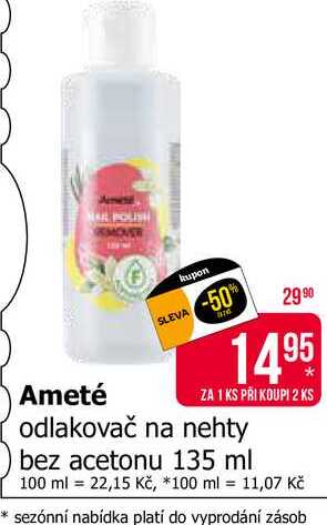 Ameté odlakovač na nehty bez acetonu 135 ml 