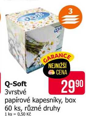 Q-Soft 3vrstvé papírové kapesníky, box 60 ks, různé druhy