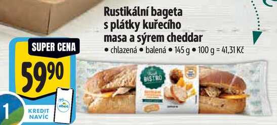 Rustikální bageta s plátky kuřecího masa a sýrem cheddar, 145 g
