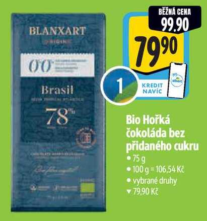 Bio Hořká čokoláda bez přidaného cukru, 75 g